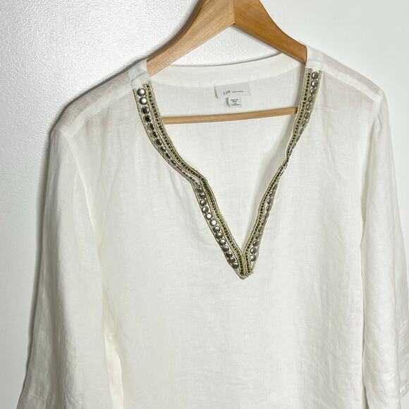 J. Jill Love Linen Womens Pullover Blouse 2X White Embellished V Neck Coastal - Picture 4 of 10